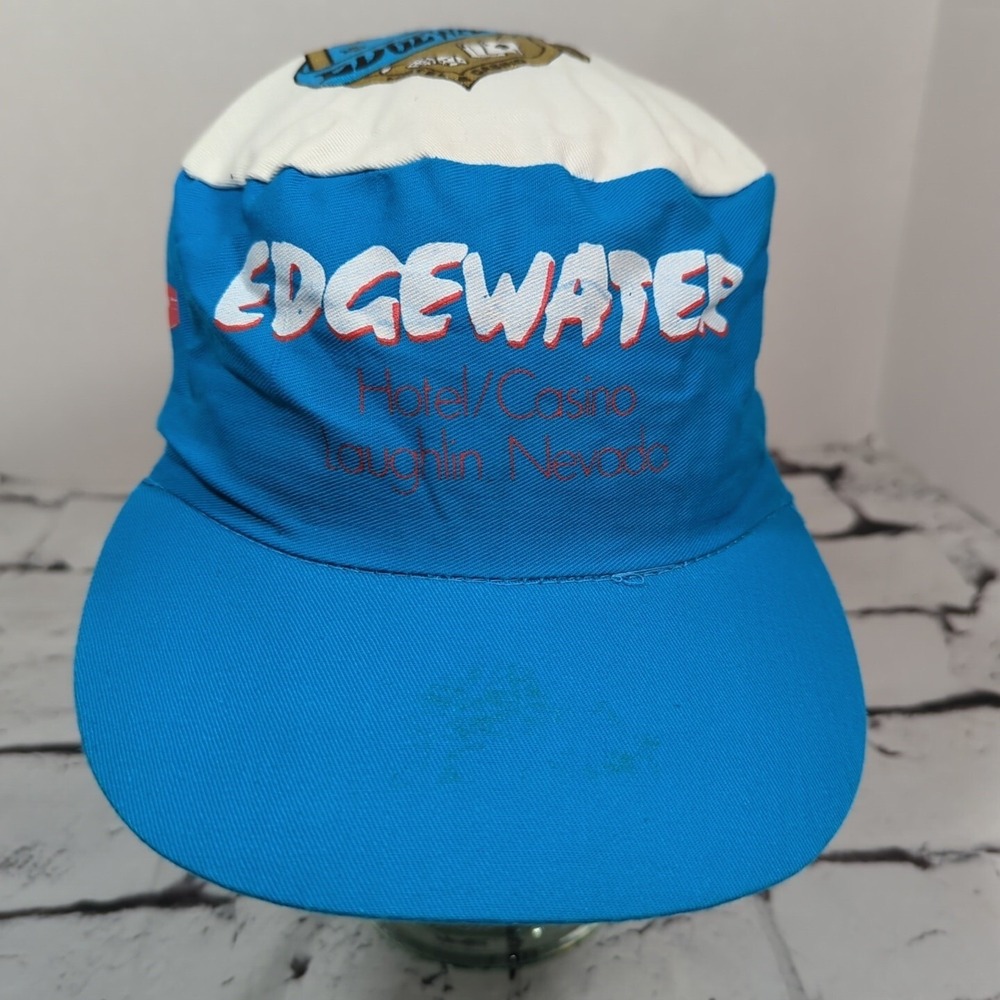 Edgewater Casino Painters Cap Hat Blue and White Vintage 1990s